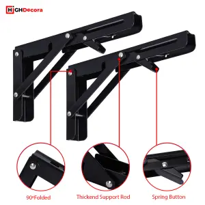 Highdecora Folding Shelf Brackets, 2 Pcs Heavy Duty Foldable Shelf Brackets Metal Wall Mounted Foldable (Black, 12 inch)