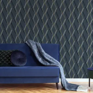 Superfresco Easy Prestige Navy Metallic effect Geometric Smooth Wallpaper