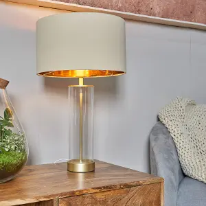 ValueLights Balan Matt Gold and Clear Tube Table Lamp with Beige Gold Shade