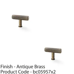 2 PACK - Knurled T Bar Cupboard Door Knob - 55mm x 38mm - Antique Brass Unit Pull Handle