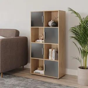 URBNLIVING 119cm Height 8 Cube Bookcase Oak Wood Black Door Metal Handle Display Storage Shelf