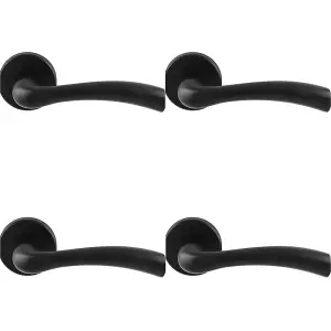 4 PACK - PAIR Matt Black Door Handle Curved Flowing Flared Lever Round Rose Concealed Fix