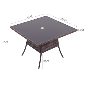 Retro Square Garden Wicker Rattan Tempered Glass Top Outdoor Patio Dinging Table with Umbrella Hole Brown 105 cm