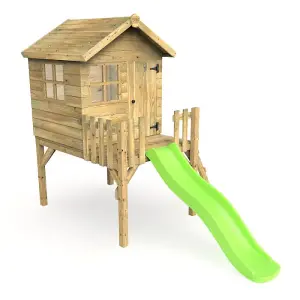 Rebo Orchard 4FT x 4FT Wooden Playhouse On 900mm Deck and 6FT Slide (Swan Light Green)