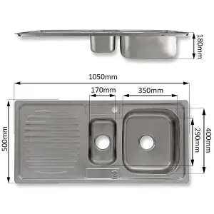 KuKoo Stainless Steel Kitchen Sink Basin & Padstow Tap, Reversible, 105cm x 18cm x 50cm