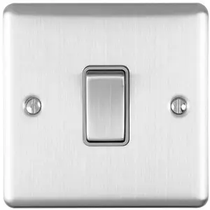 1 Gang Single Light Switch SATIN STEEL 2 Way 10A Grey Trim & Metal Rocker