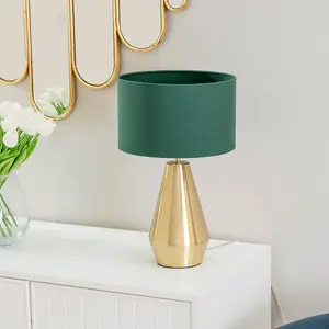 ValueLights Jax Gold Metal Touch Dimmer Table Lamp with Forest Green Drum Shade