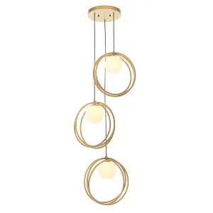 Gold Finish Ceiling Pendant Light - Gloss Opal Glass Shade - 3 Bulb Hanging Lamp