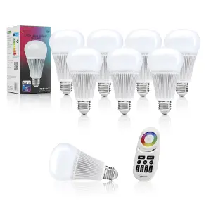 Auraglow 2.4Ghz RGB CCT Smart E27 LED Light Bulb - 70w EQV with 4 Zone Remote - 8 PACK