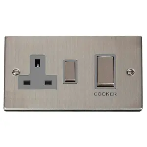 Stainless Steel Cooker Control Ingot 45A With 13A Switched Plug Socket - Grey Trim - SE Home