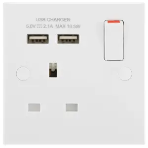 BG White Single 13A Raised square Switched Screwed Socket with USB, x2 & White inserts