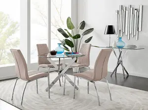 Furniturebox UK Novara Chrome Metal Round Glass Dining Table And 4 Cappuccino Beige Isco Dining Chairs