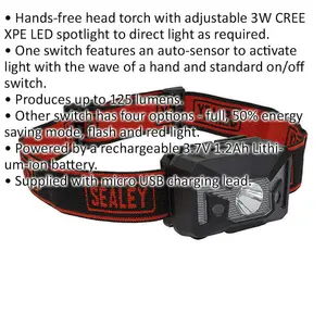 Rechargeable Head Torch - Automatic Sensor - 3W LED Spotlight - 125 Lumens