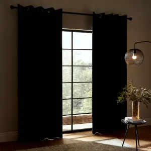 Catherine Lansfield Faux Silk 66x54 Inch Blackout Thermal Insulating Eyelet Curtains Two Panels Black