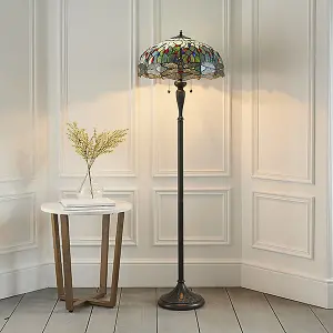 Luminosa Dragonfly 2 Light Floor Lamp Dark Bronze, Blue, Tiffany Style Glass, E27