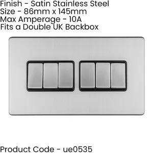 2 PACK 6 Gang Multi Light Switch SCREWLESS SATIN STEEL 2 Way 10A Slim Rocker