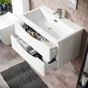 Nes Home Modern 800mm White Wall Hung Basin Sink Vanity with Storage Drawers