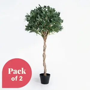 2x Artificial Bay Topiary Tree - Premium 4ft Tree, Braided Wood Stem, Pack of 2, UV Stable Outdoor Use - Blooming Artificial