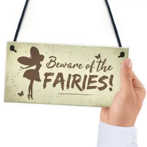 Red Ocean Beware Of The Fairies Funny Garden Sign House Door Wall Plaque Fairy Garden Gift