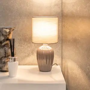 ValueLights Carbone Pair of Grey Fluted Ceramic Bedside Table Lamps with a Fabric Lampshade Bedroom Light