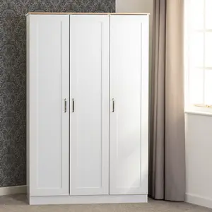 Portland 3 Door Wardrobe in White with Oak Effect Finish