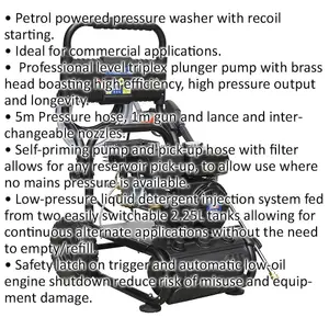 Petrol Powered Pressure Washer - 6.5hp Engine - 220bar - Self Priming Pump