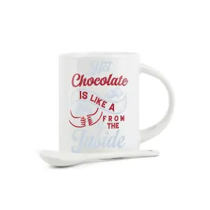 Purely Home Hot Chocolate Mug & Spoon - Hug from the Inside Winter Ceramic Cup Gift