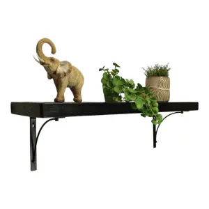 Solid Wood Handmade Rustical Shelf Black Ash 175mm 7 inch with Black Metal Bracket BOW Length of 190cm