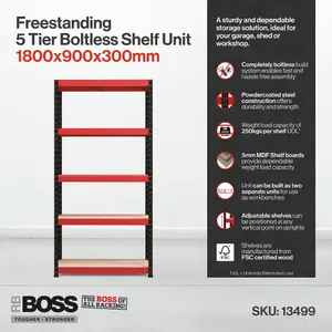 RB BOSS Garage Shelving Unit 5 Shelf MDF Red & Black Powder Coated Steel (H)1800mm (W)900mm (D)300mm