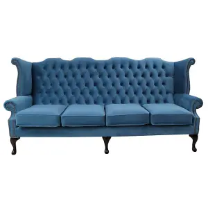 Chesterfield 4 Seater High Back Wing Sofa Amalfi Cadet Blue Velvet In Queen Anne Style