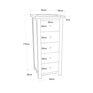 Lugo 5 Drawer Narrow Chest of Drawers Brass Knob