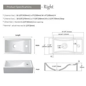 16-Inch Wall Hung Basin Sink Combo, Small Cloakroom Basin, Rectangle Ceramic Bathroom Wash Basin - Right Hand Sink Set (Include Faucet & Pop-up Drain)