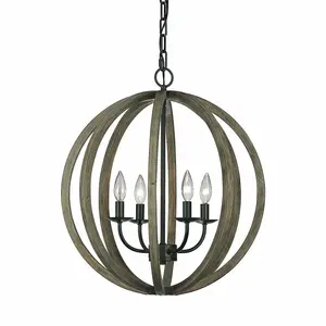 Ceiling Pendant Light Fitting Weather Oak Wood Antique Forged Iron LED E14 60W