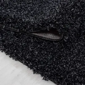 Modern Small Anthracite Fluffy Shaggy Area Rug For Living Room, Anti-Shed Thick Pile Floor Carpet - 80x150 cm