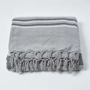 Homescapes Cotton Morocco Striped Grey Throw, 255 x 360 cm