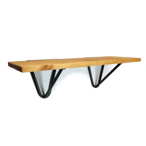 Solid Pine Rustical Shelf Light Oak Black Hairpin Bracket Style 20x90cm