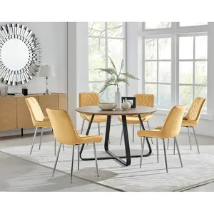 Sandy Classic Wood Effect & Metal Dining Table Set with 6 Luxury Velvet Dining Chairs Mustard/Silver