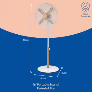 Russell Hobbs Scandi Pedestal Fan 16 Inch White and Wood Effect RHMPF1601WDW