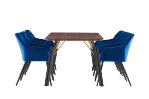 Camden Cosmo Brown LUX Dining Set with 6 Royal Blue Velvet Chairs