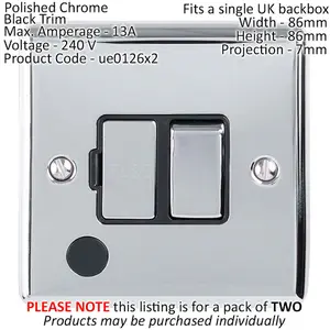 2 PACK 13A DP Switched Fuse Spur & Flex Outlet CHROME & Black Isolation