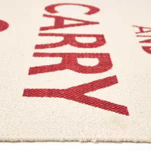 Homescapes Keep Calm And Carry On Red White Rug Hand Woven Base, 60 x 100 cm