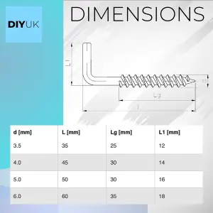 L Hook Screws 50mm x 5.0mm ( Pack of: 20 ) Heavy Duty Square Cup Hooks for Hanging, Metal Screw in Wall Hangers Outdoor Mounting