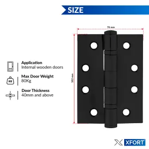 XFORT 4 Inch (100mm) Matt Black Ball Bearing Hinges, Steel Door Hinge for Wooden Doors (2 Pairs)