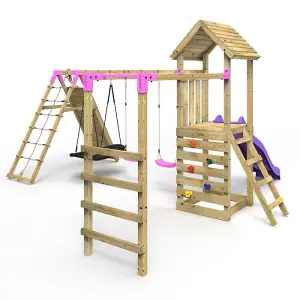 Rebo Wooden Climbing Frame with Swings, Slide, Up & over Climbing wall and Monkey Bars - Pyrennes Pink