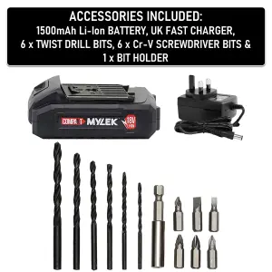 18V Cordless Drill Electric Screwdriver Set Lithium Ion Battery Pack 18 Volts Combi Driver With MYLEK 4ORCE 50-Piece Kit