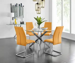 Furniturebox UK Novara Chrome Metal And Glass Large Round Dining Table And 4 Mustard Lorenzo Chairs Set