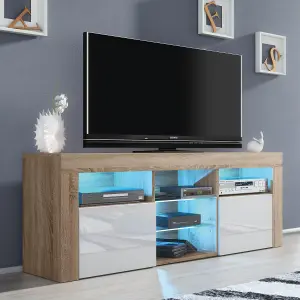 Pulse TV Unit 145cm Oak and White High Gloss Doors with LED Lighting - Creative Furniture