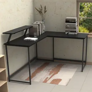 L Computer Desk with Self Corner Desk Work Table Home Office Table Industrial Rustic Black