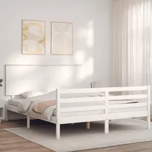 Berkfield Bed Frame with Headboard White King Size Solid Wood