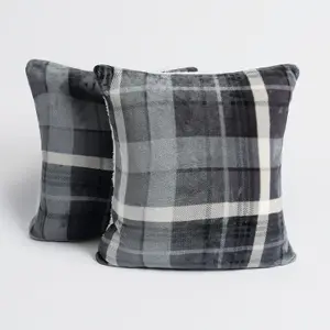 Tartan Check Cushion Covers 2 Pack Case Flannel Fleece Set, 45 x 45cm - Grey